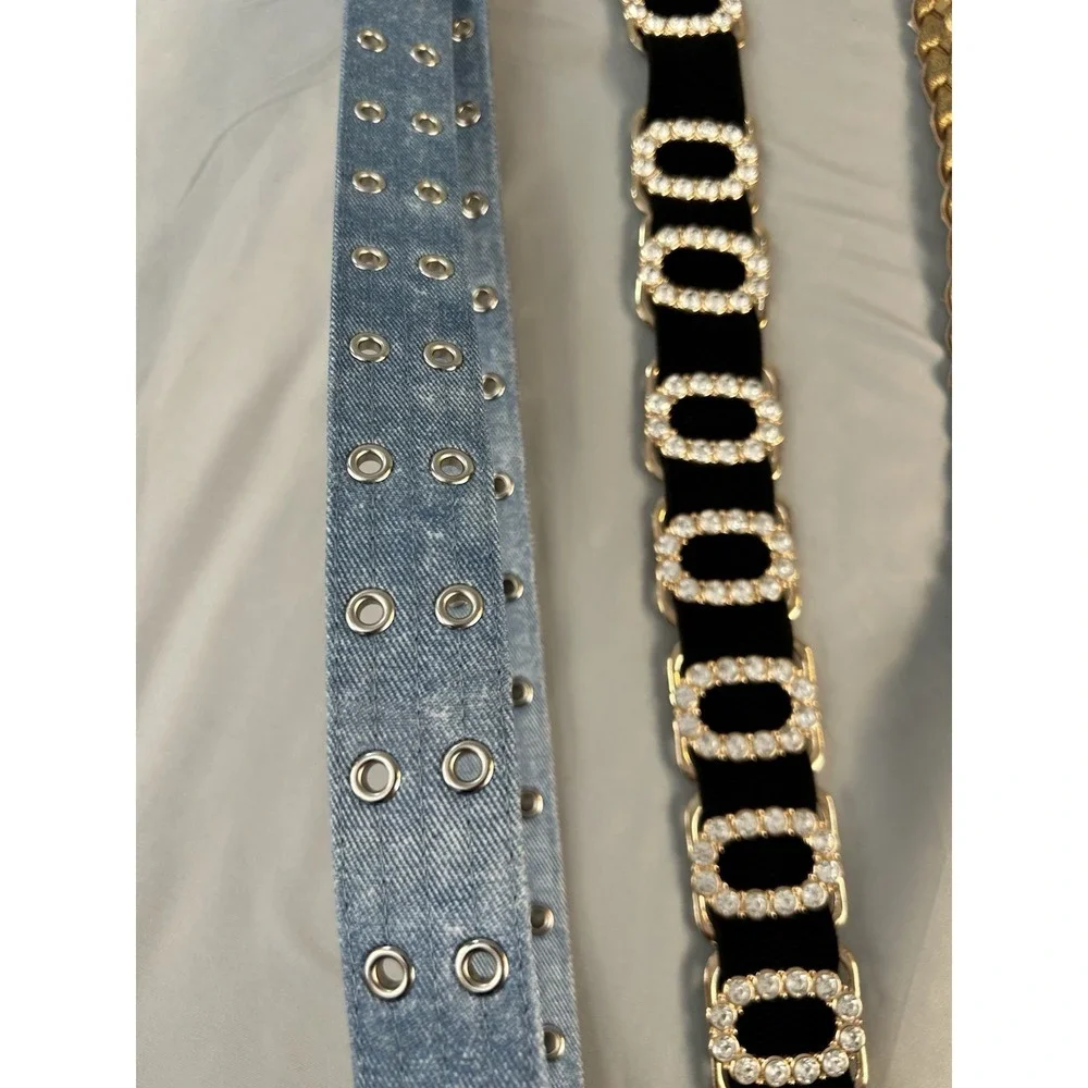 Womens Belt Lot 3 Rhinestone Stretch‎ Denim Grommet Gold Braided Boho
